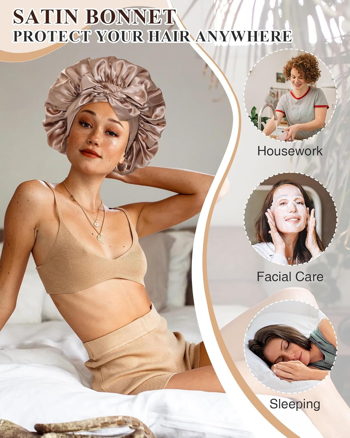 2PCS Satin Bonnets Silk Bonnet for Sleeping Women Curly Hair Bonnet with Tie Band Bonnets Sleep Cap