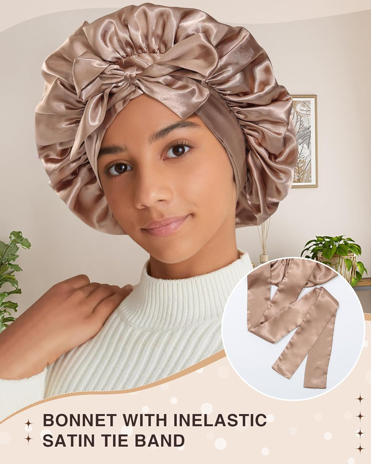 2PCS Satin Bonnets Silk Bonnet for Sleeping Women Curly Hair Bonnet with Tie Band Bonnets Sleep Cap