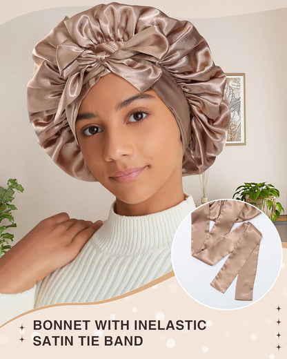 2PCS Satin Bonnets Silk Bonnet for Sleeping Women Curly Hair Bonnet with Tie Band Bonnets Sleep Cap