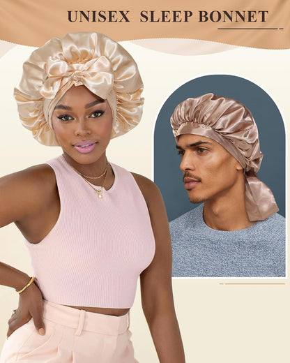 2PCS Satin Bonnets Silk Bonnet for Sleeping Women Curly Hair Bonnet with Tie Band Bonnets Sleep Cap