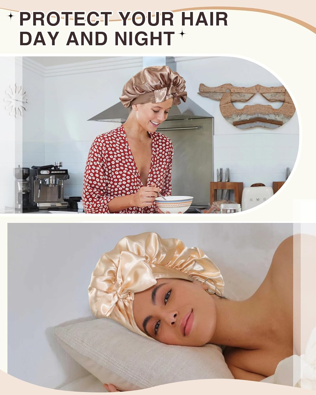 2PCS Satin Bonnets Silk Bonnet for Sleeping Women Curly Hair Bonnet with Tie Band Bonnets Sleep Cap